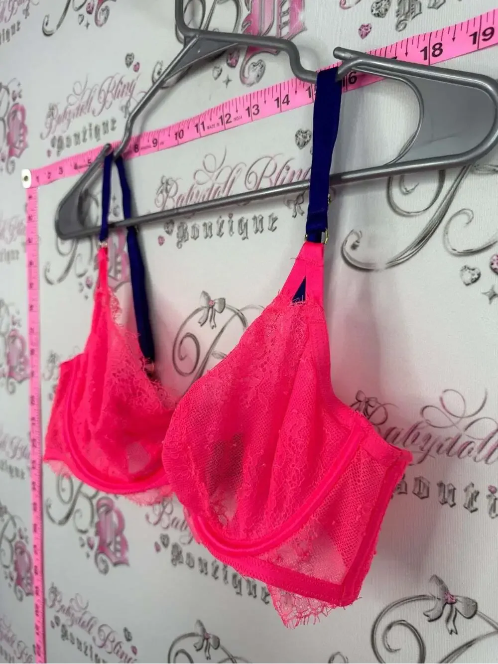 Victoria's Secret Neon Pink Lace Underwire Bra with purple Straps